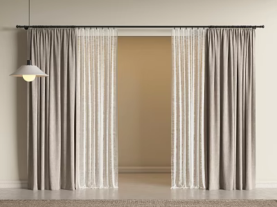 Modern Room Setting With Grey Thick Curtains And White Sheer Curtains On Rod 3d model
