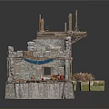 Ruined Stone Building Interior With Wooden Beams Blue Canopy And Scattered Items