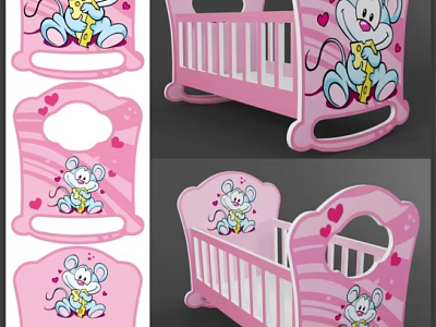 Pink Baby Crib With Cartoon Mouse Design And Heart Decorations 3d model