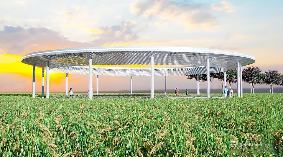 Modern White Pergola With Round Canopy Columns And People In Grassland Field At Sunset 3d model 
