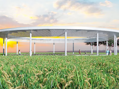 Modern White Pergola With Round Canopy Columns And People In Grassland Field At Sunset 3d model