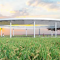 Modern White Pergola With Round Canopy Columns And People In Grassland Field At Sunset