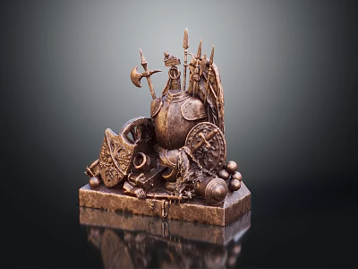 Ancient Bronze Weapon Sculpture Featuring Shield Spear Axe And Helmet On Base 3d model