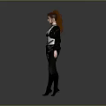 Woman With Red Hair Wearing Black White Top Black Pants Long Boots Gray Background