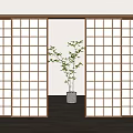 Partially Open Sliding Doors with Wooden Frame White Lattice Glass Green Plant and Wooden Floor