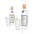 The Macallan 18 Whisky Bottles and Cocktail Glasses with Cherries Lemon Slices and Colorful Drinks