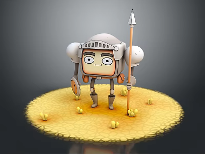 Cartoon Game Movie Character Little Knight Silver Helmet Mechanical Limbs Holding Spear On Yellow Platform 3d model