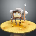 Cartoon Game Movie Character Little Knight Silver Helmet Mechanical Limbs Holding Spear On Yellow Platform