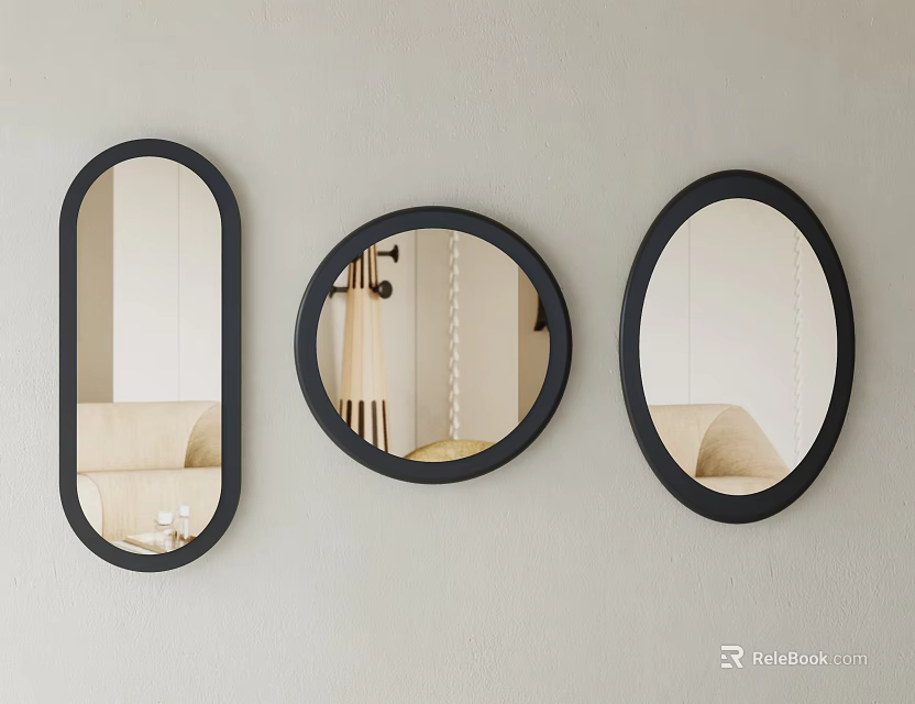 Three Black Framed Mirrors Of Different Shapes As Wall Decor 3d model