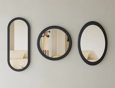 Three Black Framed Mirrors Of Different Shapes As Wall Decor 3d model