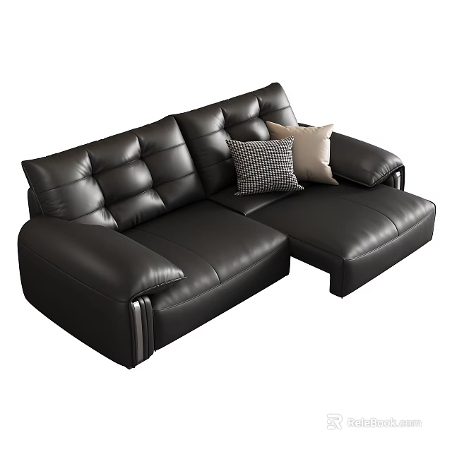 Sleek Modern Black Leather Double Sofa With Striped And Plain Cushions 3d model