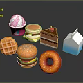 Colorful Assorted Food Items Including Ice Cream Hamburger Cake Waffle Donut And Milk Carton