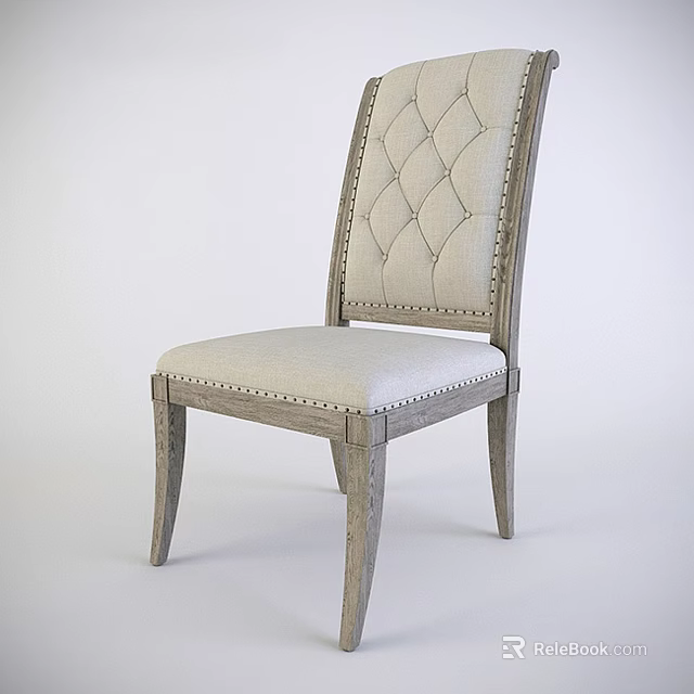 Classic Dining Chair With Tufted Backrest Nailhead Trim Light Fabric Seat And Wooden Frame 3d model 