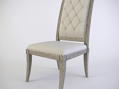 Classic Dining Chair With Tufted Backrest Nailhead Trim Light Fabric Seat And Wooden Frame 3d model