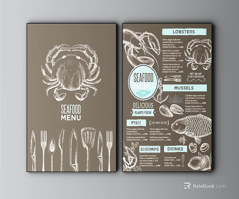 Seafood Menu Design With Crab Illustration Lobster Fish And Utensils 3d model 