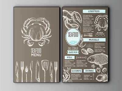 Seafood Menu Design With Crab Illustration Lobster Fish And Utensils 3d model
