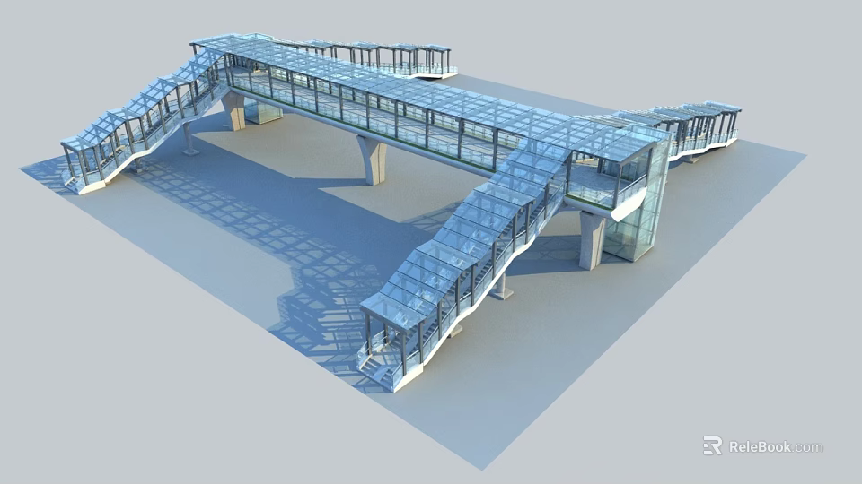 Modern Glass Bridge Architectural Design With Multi Section Stairs And Transparent Panels 3d model