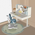 Kids Study Desk with Blue Chair Lamp Bookshelf Stationery and Soft Rug by Window