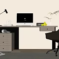 Modern Home Office Desk Setup With Computer Lamp Fruit Vase Drawer Cabinet And Chair