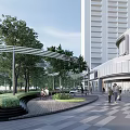 Contemporary Commercial Landscape With Glass Facade Architecture Outdoor Trees Walkway And Pedestrians