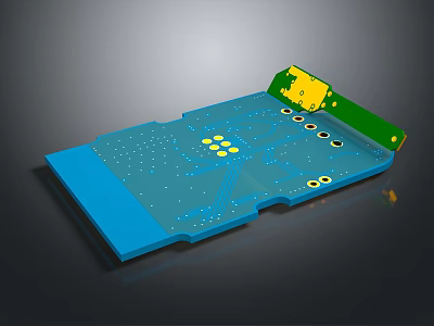 Computer Circuit Board With Blue Base Yellow Green Components And Holes For Electronic Devices 3d model
