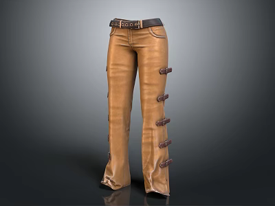 Stylish Brown Flared Pants With Belt And Decorative Side Buttons 3d model