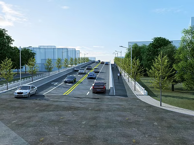 Modern Urban Bridge with Cars Driving on Road Lanes Alongside Trees and Streetlights 3d model