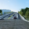 Modern Urban Bridge with Cars Driving on Road Lanes Alongside Trees and Streetlights
