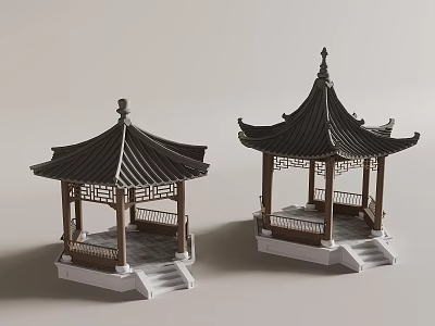Ornate Traditional Chinese Pavilions With Curved Eaves Wooden Railing And Steps 3d model