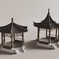 Ornate Traditional Chinese Pavilions With Curved Eaves Wooden Railing And Steps