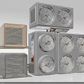 Multiple Stacked Air Conditioner Fans With Various Colors And Styles Including Beige And Gray