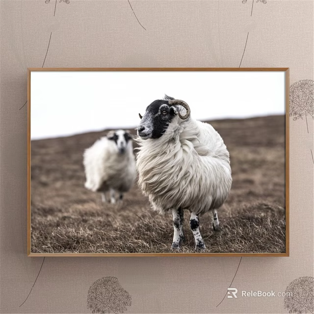 Animal Painting Of Two Sheep With White Wool Black Faces And Grassland Background 3d model 