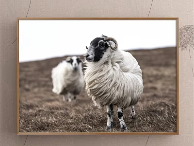 Animal Painting Of Two Sheep With White Wool Black Faces And Grassland Background 3d model