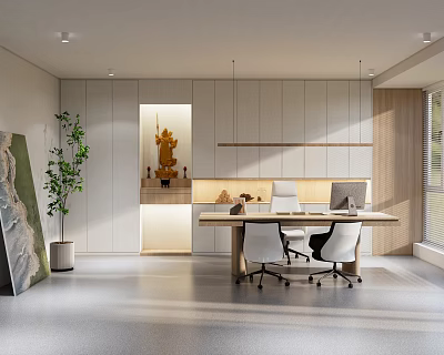 Modern Office Interior Design With Wooden Desk Office Chairs Green Plant And Decorative Items 3d model