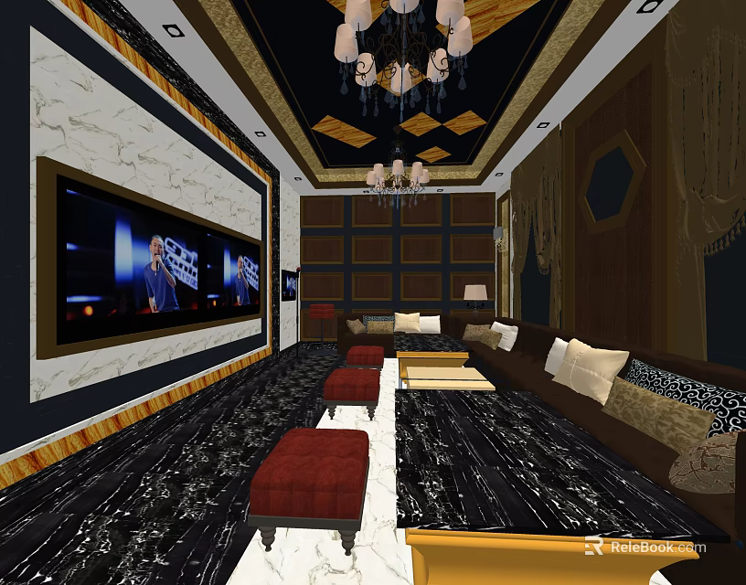 Luxury KTV Interior With Large Screen TV Comfortable Sofas And Elegant Chandeliers 3d model