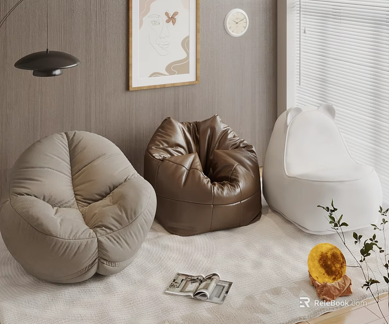 Modern Stylish Bean Bag Chairs in Light Gray Brown and White for Living Room 3d model 