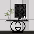 Elegant Console Table With Black Decorative Painting Marble Top And Green Plant
