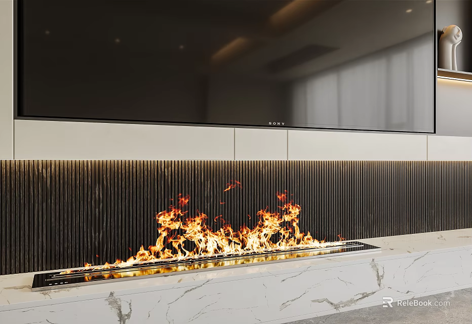 Modern Fireplace With Burning Flames And Striped Wall Marble Base Design 3d model