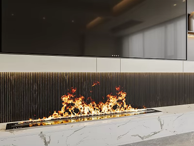 Modern Fireplace With Burning Flames And Striped Wall Marble Base Design 3d model