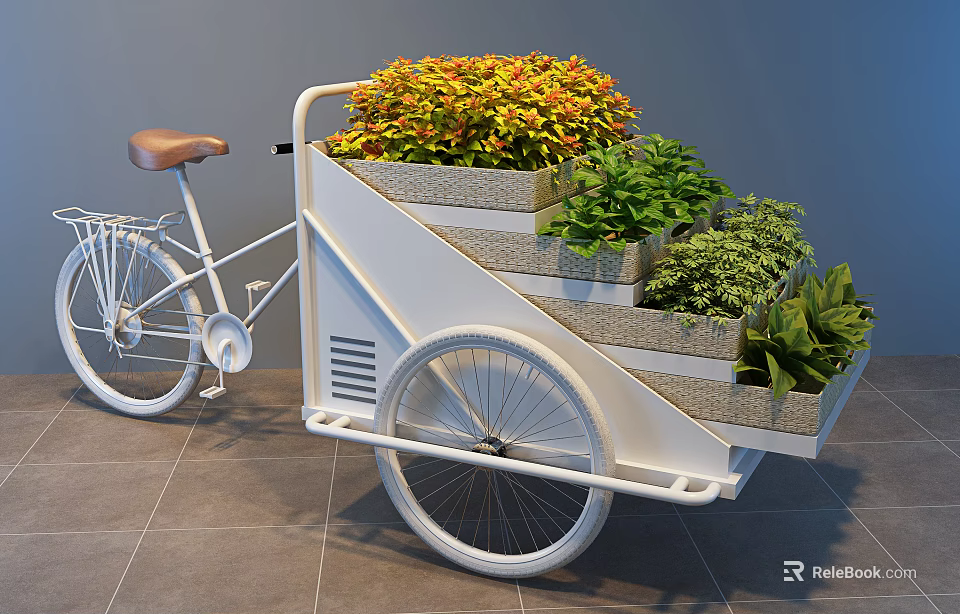 White Three Wheeled Bicycle Planter With Multi Tiered Colorful Plants 3d model 