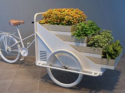 White Three Wheeled Bicycle Planter With Multi Tiered Colorful Plants 3d model