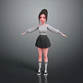 Woman with bun in gray off-shoulder sweater black pleated skirt black white sneakers arms outstretched 3d model
