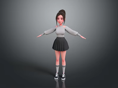Woman with bun in gray off-shoulder sweater black pleated skirt black white sneakers arms outstretched 3d model