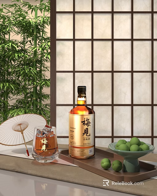 Plum Wine Bottle and Glass with Green Plums Bamboo Folding Fan and Japanese Shoji Screen 3d model 