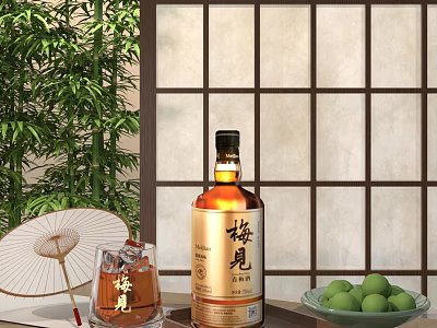 Plum Wine Bottle and Glass with Green Plums Bamboo Folding Fan and Japanese Shoji Screen 3d model