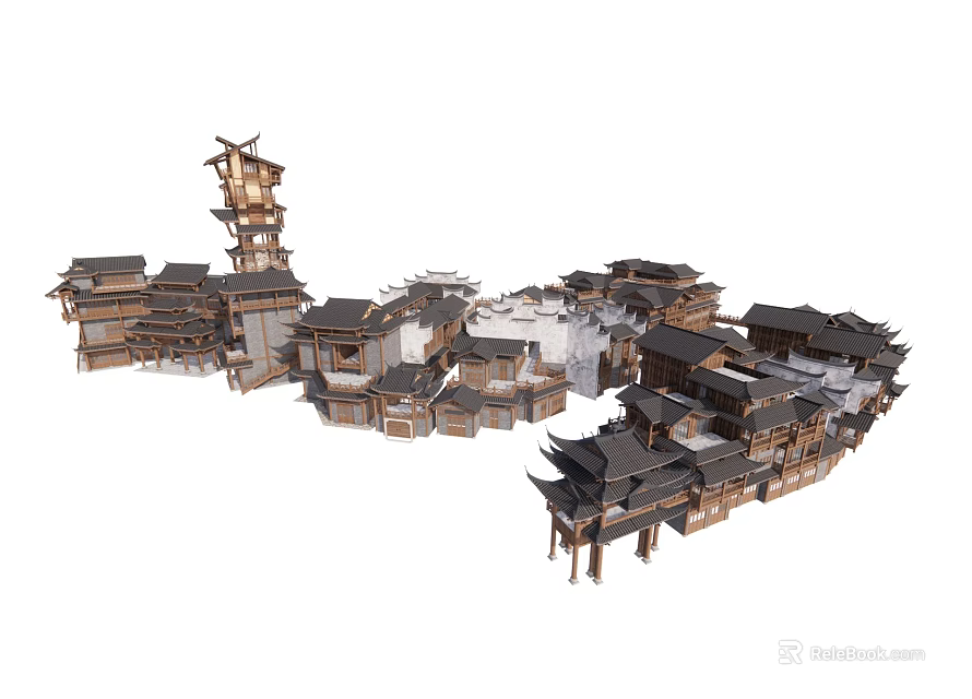Traditional Ancient Architecture With Wooden Structures Overhanging Eaves And Tile Roofs 3d model 