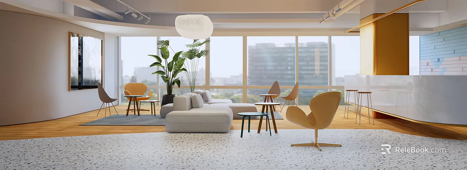 Casual Lounge Area With Modern Gray Sofa Yellow Chairs Large Windows City View Green Plants 3d model 