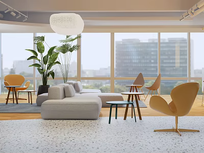 Casual Lounge Area With Modern Gray Sofa Yellow Chairs Large Windows City View Green Plants 3d model