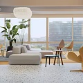 Casual Lounge Area With Modern Gray Sofa Yellow Chairs Large Windows City View Green Plants