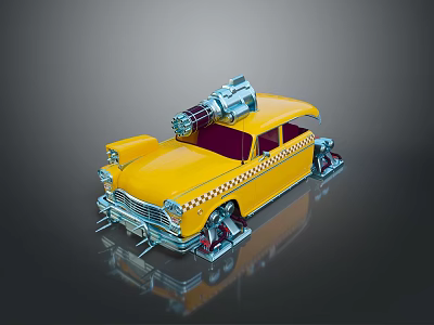 Yellow Modified Taxi Model With Roof Mechanical Parts Checker Pattern Large Wheels And Reflective Base 3d model
